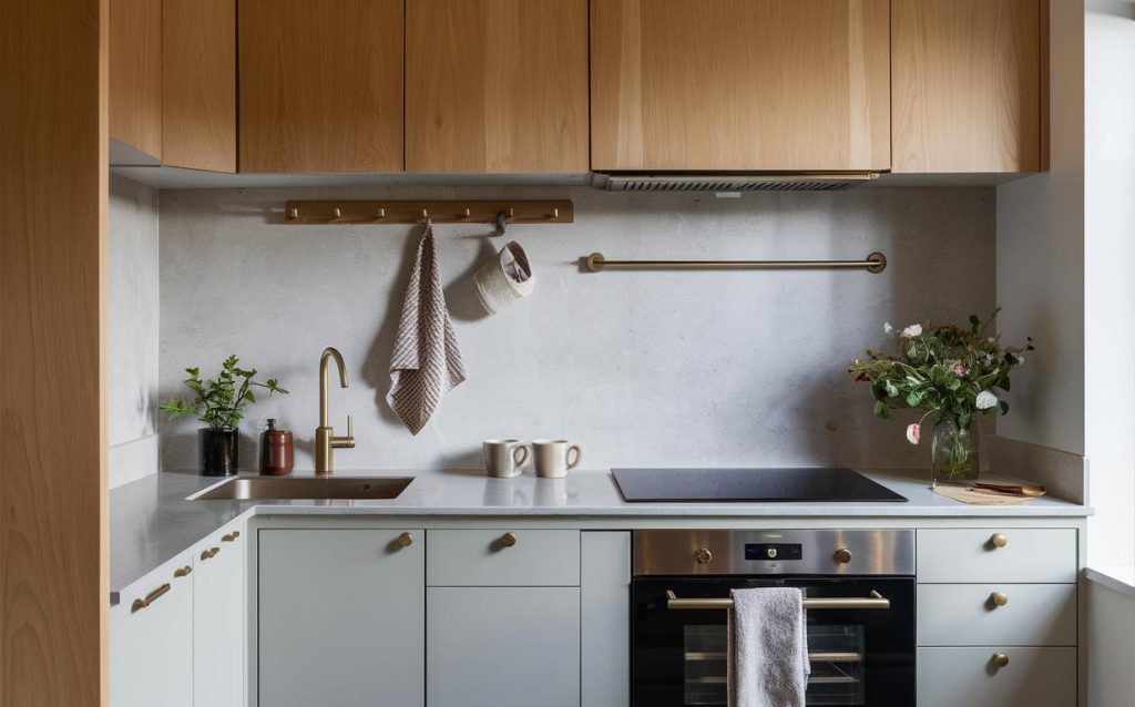 Minimal wooden rack for kitchen counter with sleek cabinets and brass accents