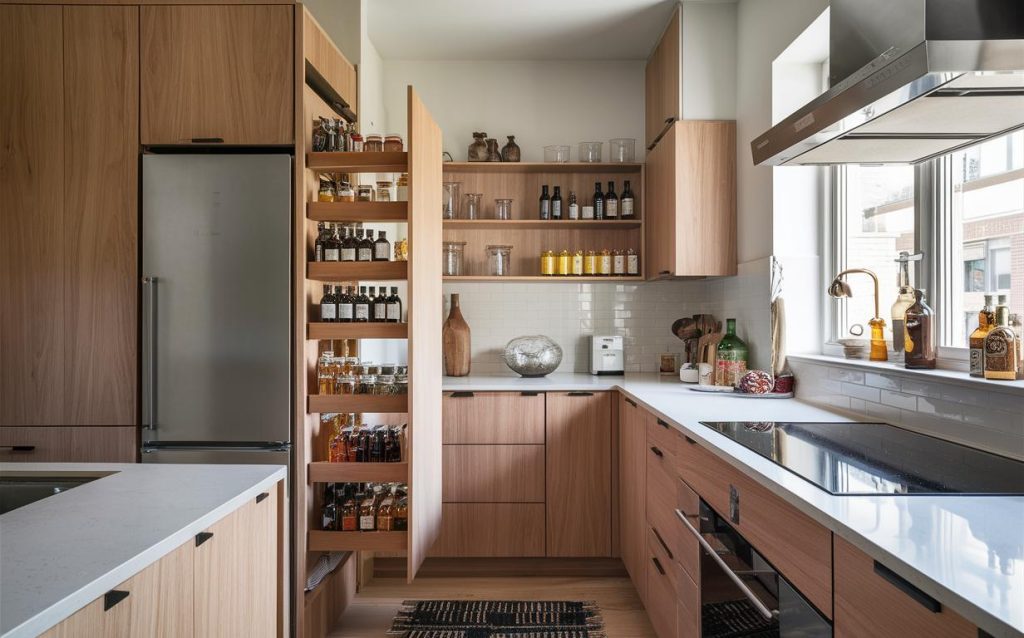 Smart kitchen storage racks wooden with pull out pantry shelves for organized space