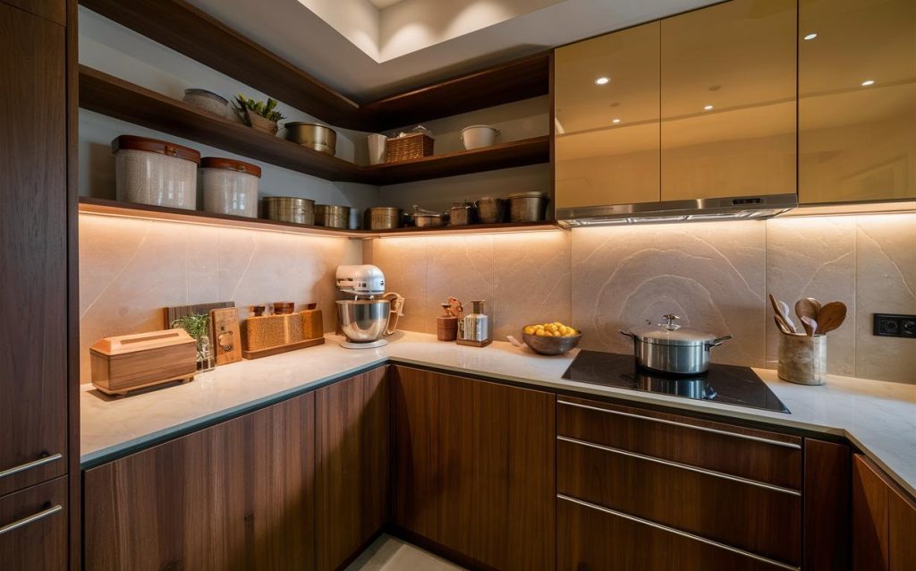 Elegant kitchen corner rack wooden with open shelves and warm under cabinet lighting