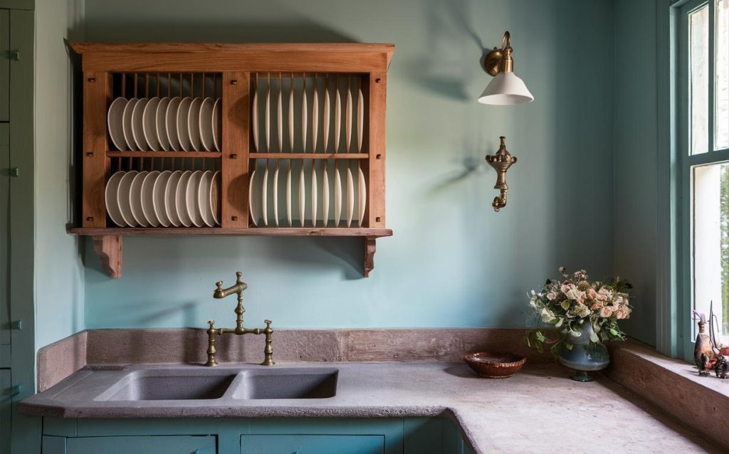Charming wooden wall rack for kitchen with plate display above farmhouse sink