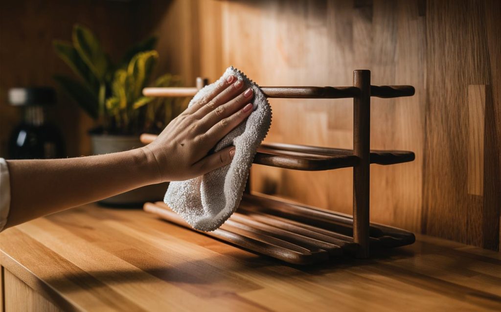 Cleaning small kitchen rack wooden on countertop for tidy and hygienic storage