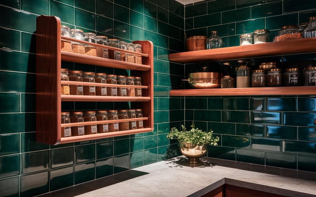 Wooden kitchen rack designs with wall mounted spice shelves and green tile backdrop