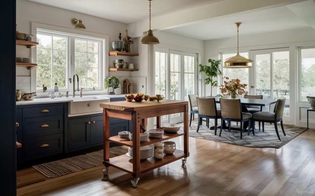 Spacious kitchen wooden rack design with rolling island and open wall shelves