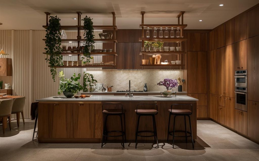 Luxury wooden kitchen rack designs with hanging shelves and island storage