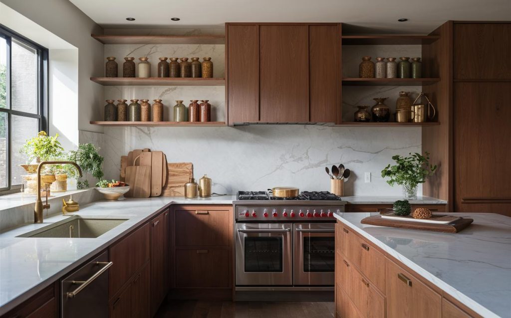 Modern wooden kitchen wall rack with open shelves and organized spice jars