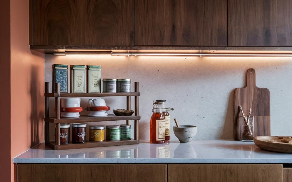 Minimalist simple wooden kitchen rack design for countertop spice storage and cups