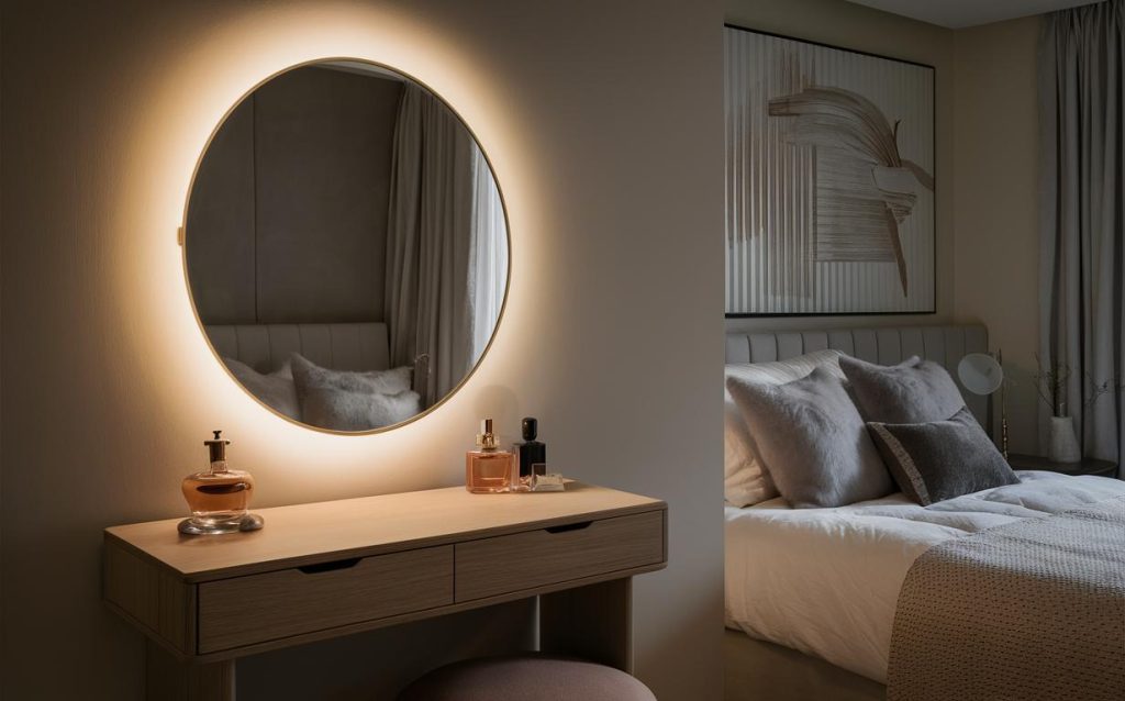 Chic dressing table with mirror and lights featuring round LED mirror and sleek drawers