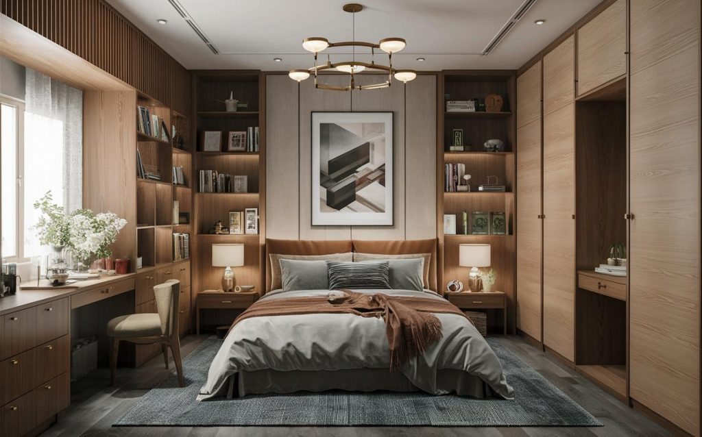 Luxury bedroom dressing table design with built-in shelves and elegant wooden storage