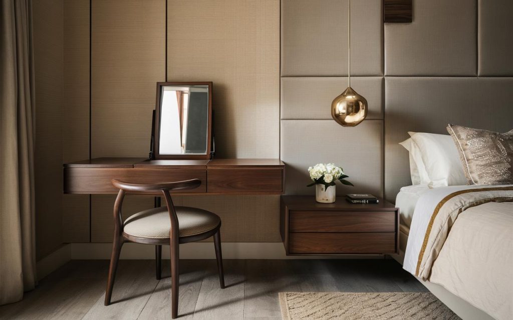 Elegant wooden dressing table designs with floating drawer and bedside setup