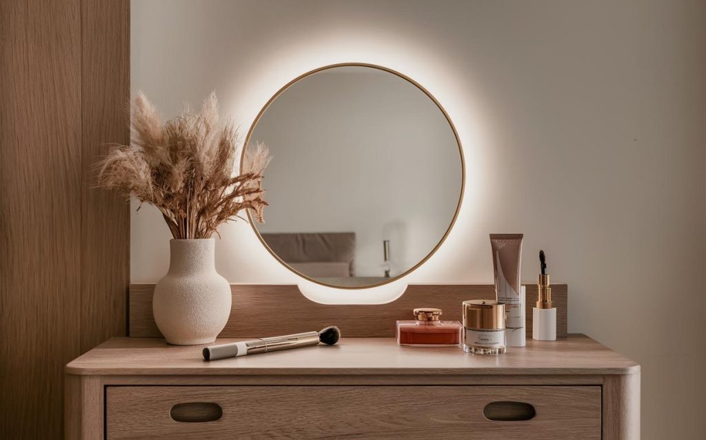 Modern wooden dressing table design with round mirror and soft backlight