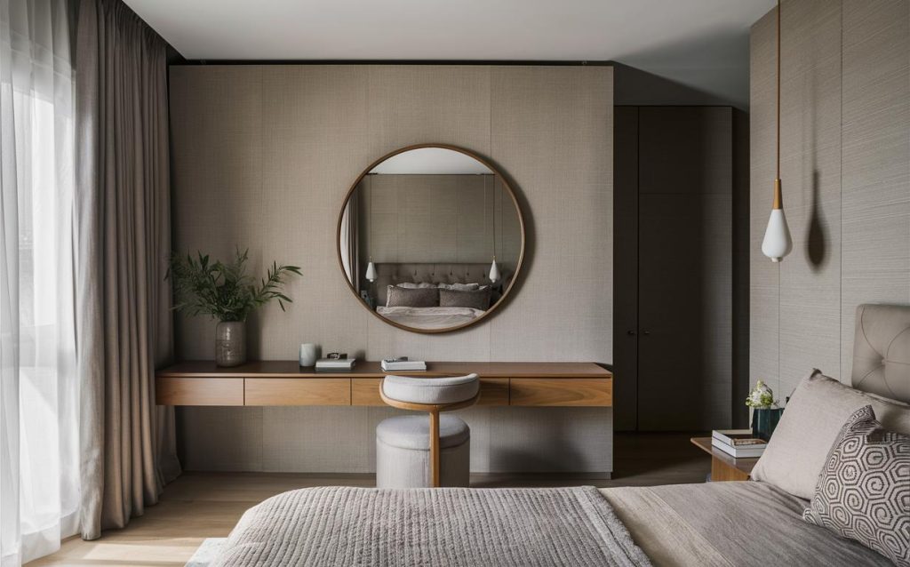 Modern wooden dressing table design with round mirror and floating drawers