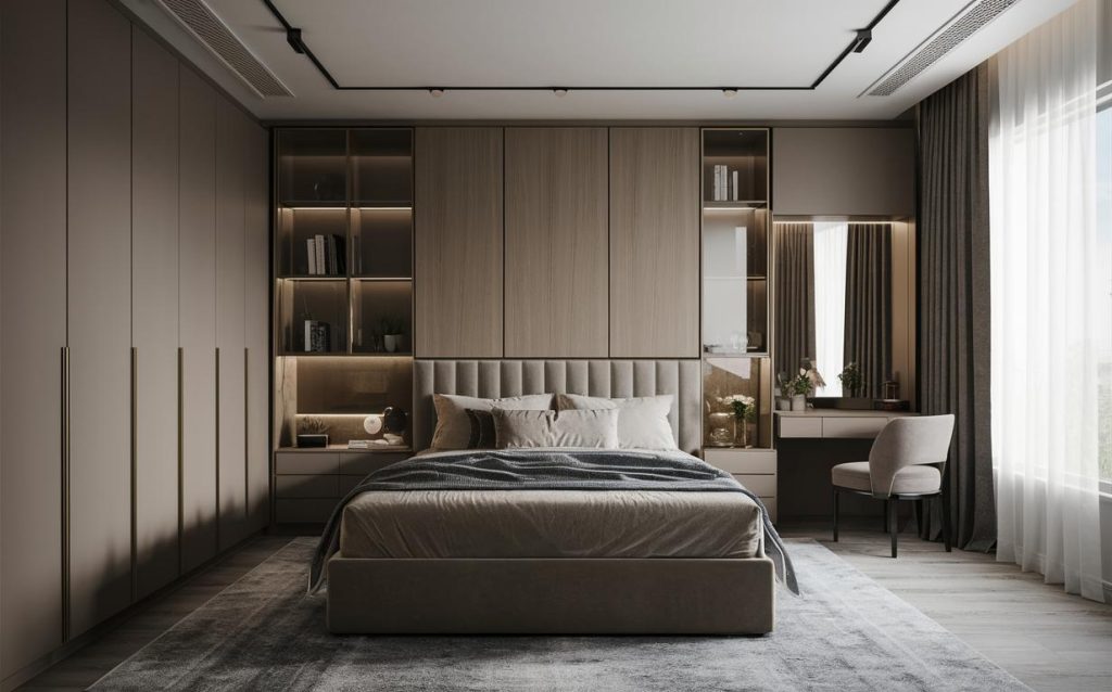 Luxury wardrobe with dressing table in modern bedroom with built in mirror and storage