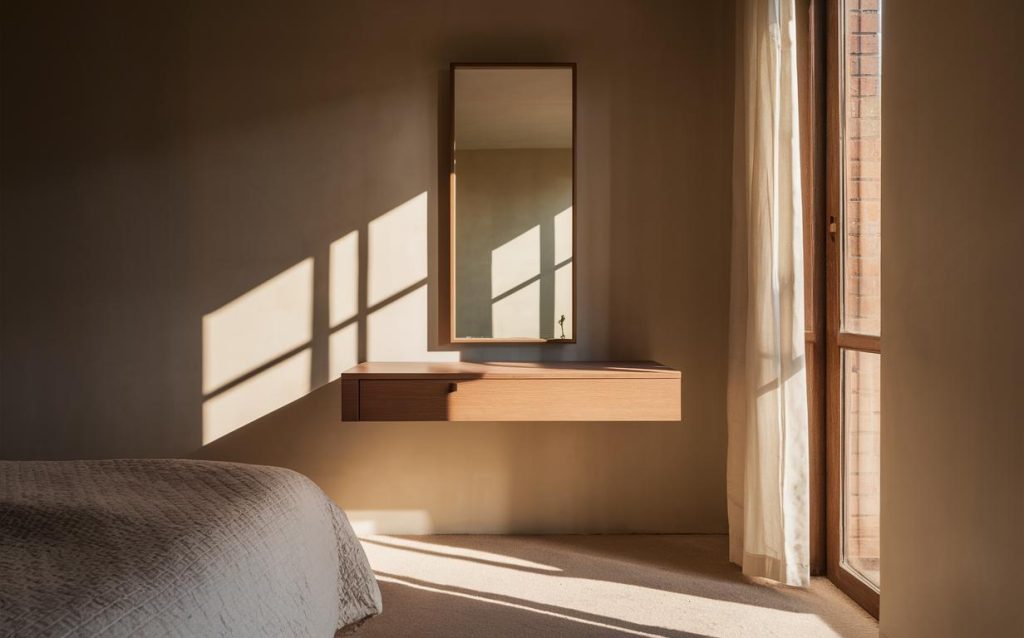 Minimal bedroom dressing table design with floating wood shelf and tall mirror