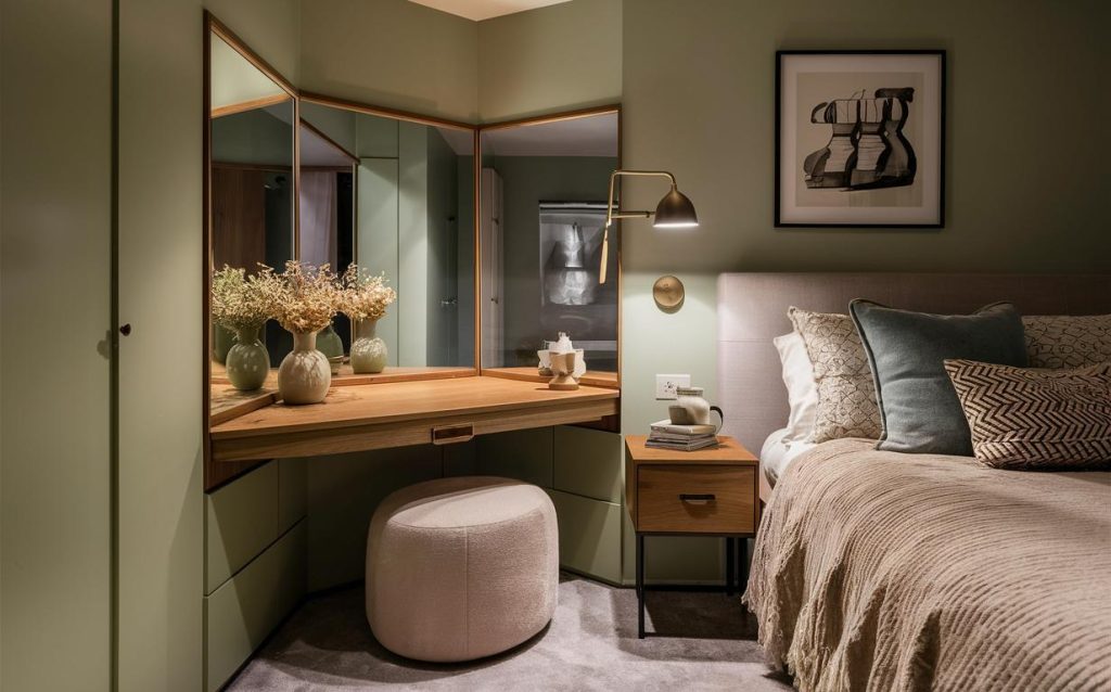 Modern dressing table designs for bedroom with corner mirror and storage