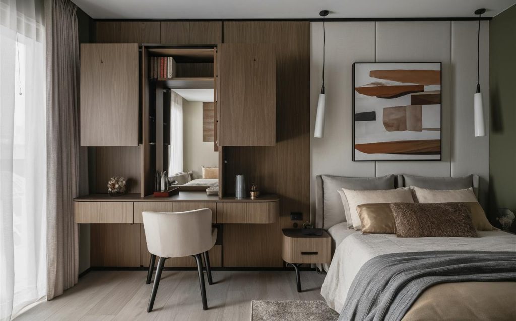 Elegant wardrobe with dressing table in modern wood finish and built-in mirror storage