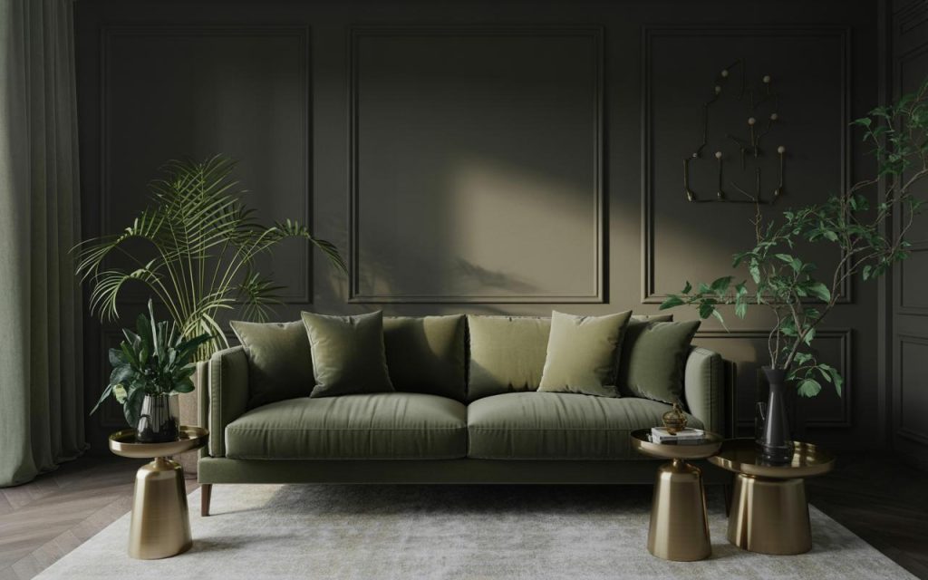 Moody light black color combination for living room with olive sofa and gold side tables