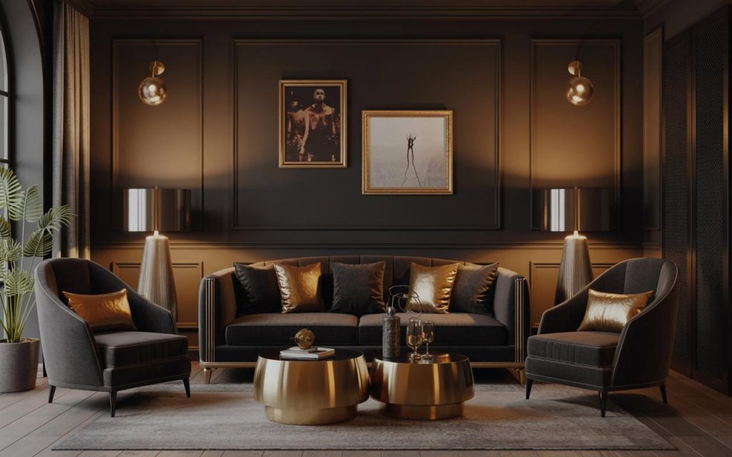 Luxury best black color combination for living room with gold accents and moody lighting