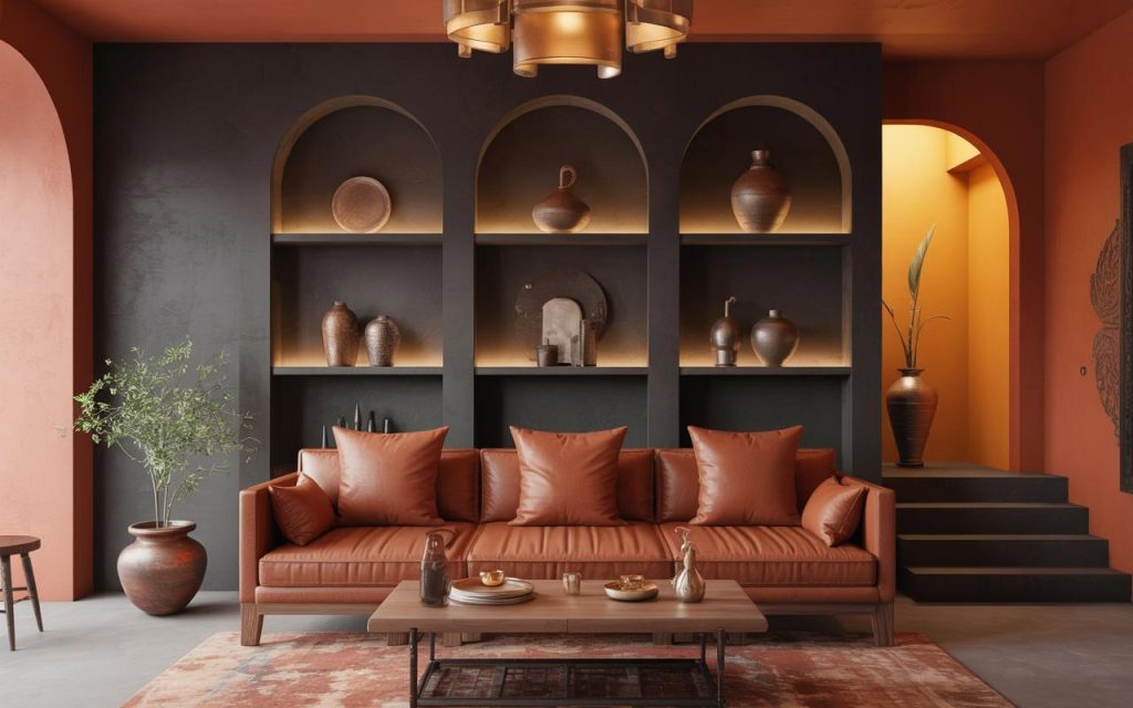 Bold black color combination for living room with terracotta sofa and arched wall niches