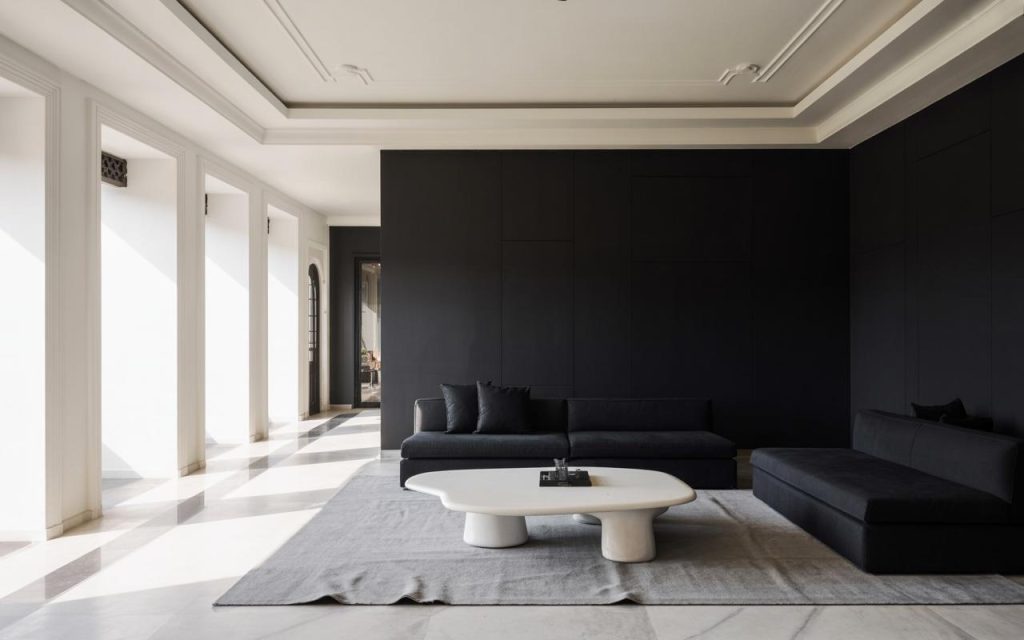 Modern black color combination for living room with sleek sofa and white accents