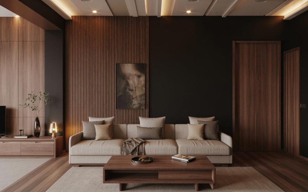 Stylish black color scheme living room with wood panels and warm ambient lighting