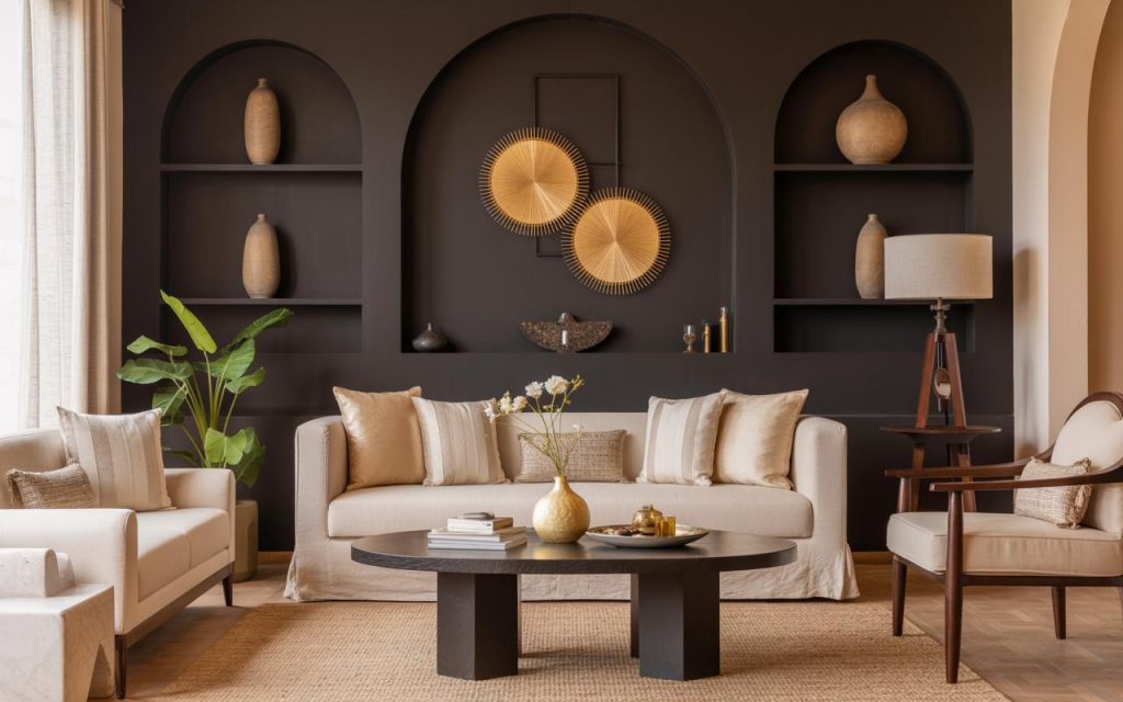Elegant black color scheme living room with gold accents and neutral sofa set