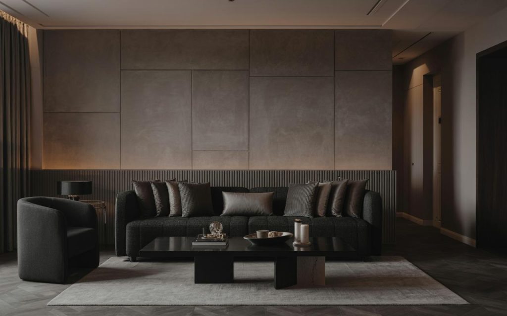 Sleek black color scheme living room with textured wall panels and dark modern sofa