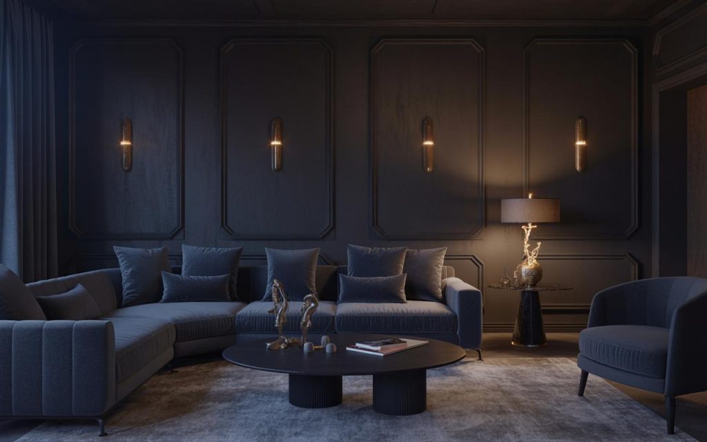 Moody modern black color combination for living room with soft lighting and plush seating