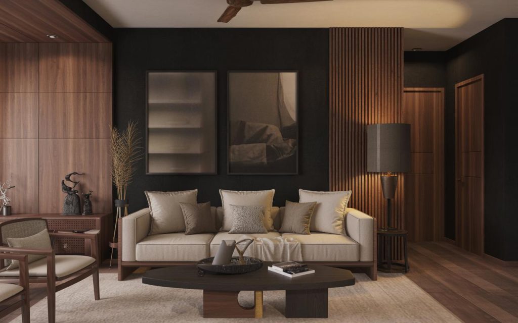 Elegant black color combination for living room with wood panels and soft neutral sofa