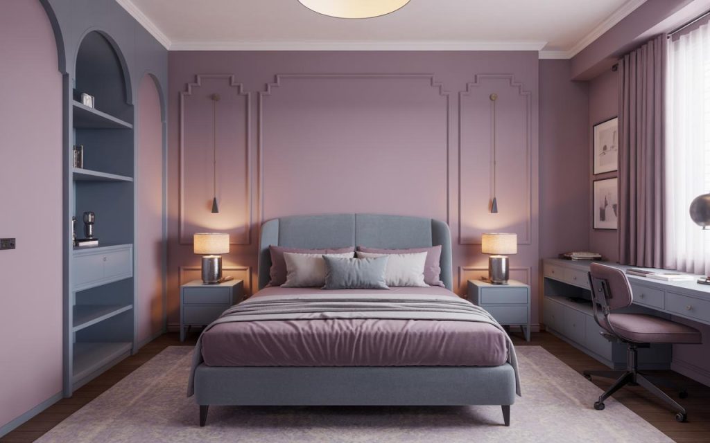 Elegant bedroom interior colour combination with pastel pink walls and soft blue accents