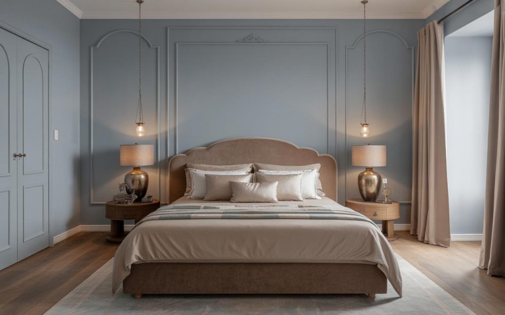 Elegant bedroom interior colour combination with soft blue walls and neutral tones for a calm feel