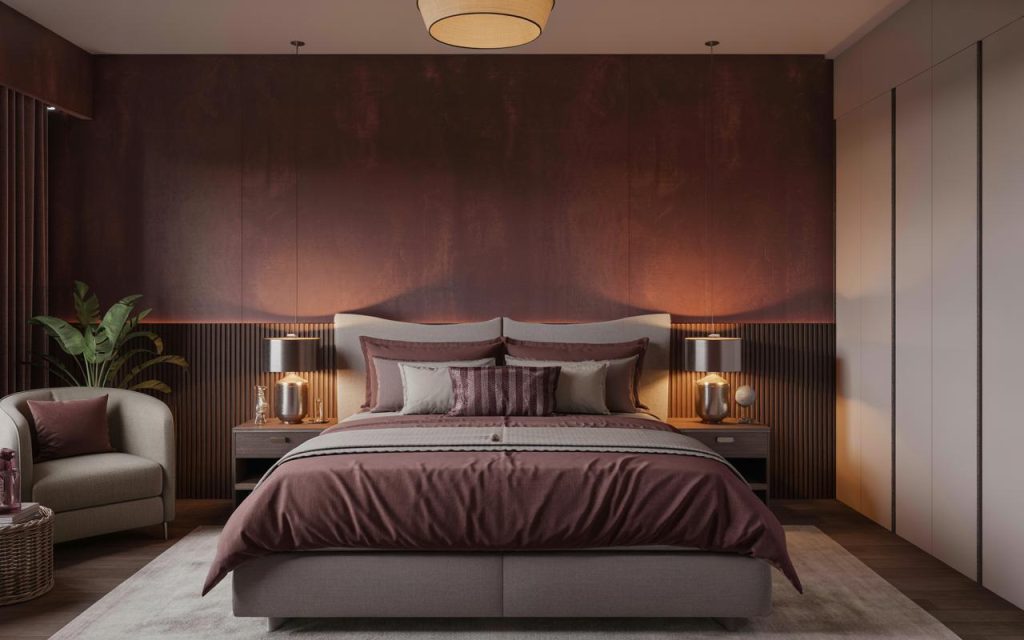 Luxurious bedroom interior colour combination with warm brown tones and ambient lighting design