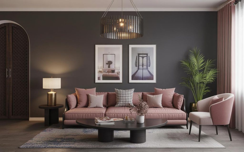 Modern interior wall colour combination with dark grey walls and soft blush furniture