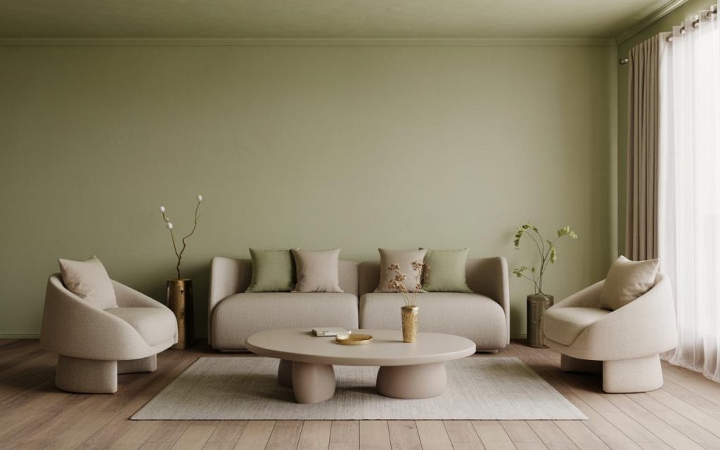 Minimal interior room colour combination with soft green walls and neutral furniture for a calm space