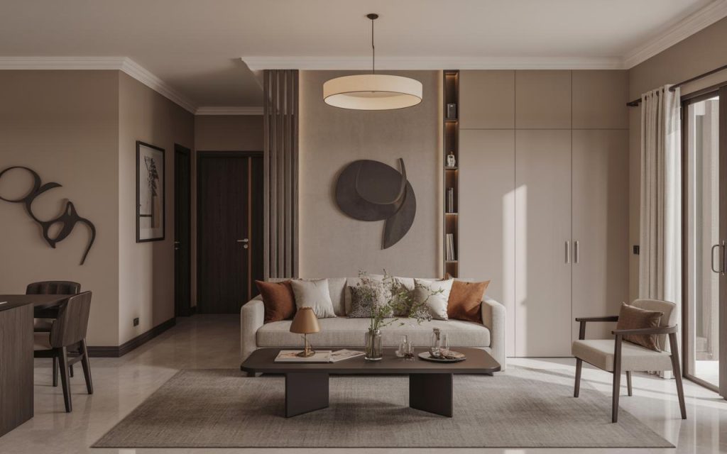 Modern home interior colour combination living room with neutral tones and warm accents