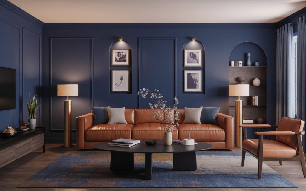 Stylish house interior colour combination with navy walls and warm leather sofa contrast