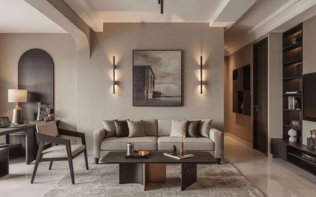 Modern home interior colour combination with neutral tones and elegant minimalist living room design