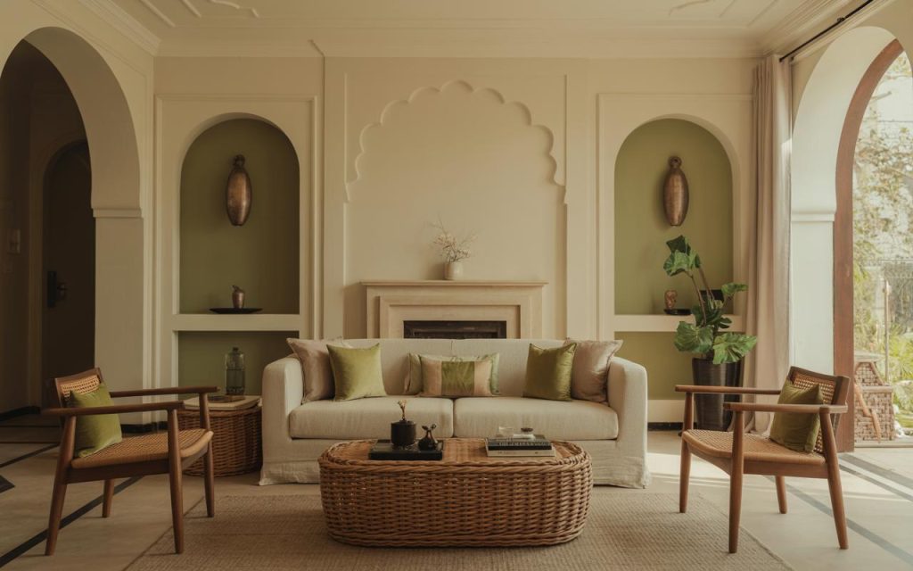 Elegant home interior colour combination with beige tones and green accents in a serene living room