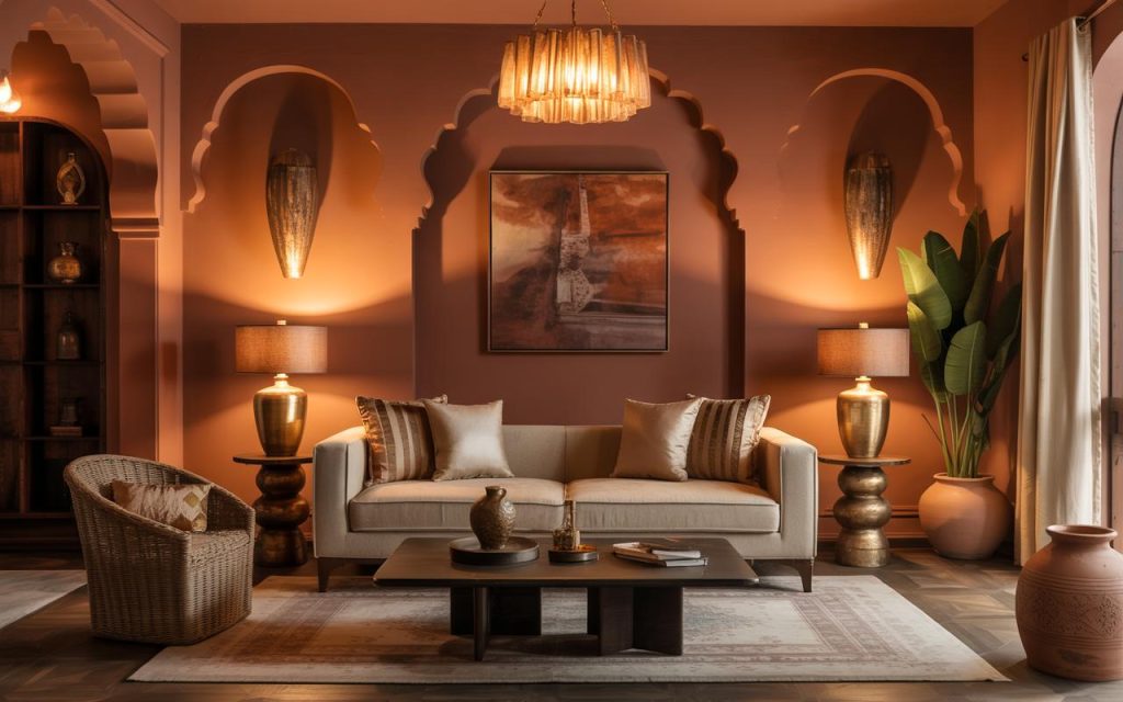 Elegant hall interior colour combination with warm terracotta walls and soft lighting
