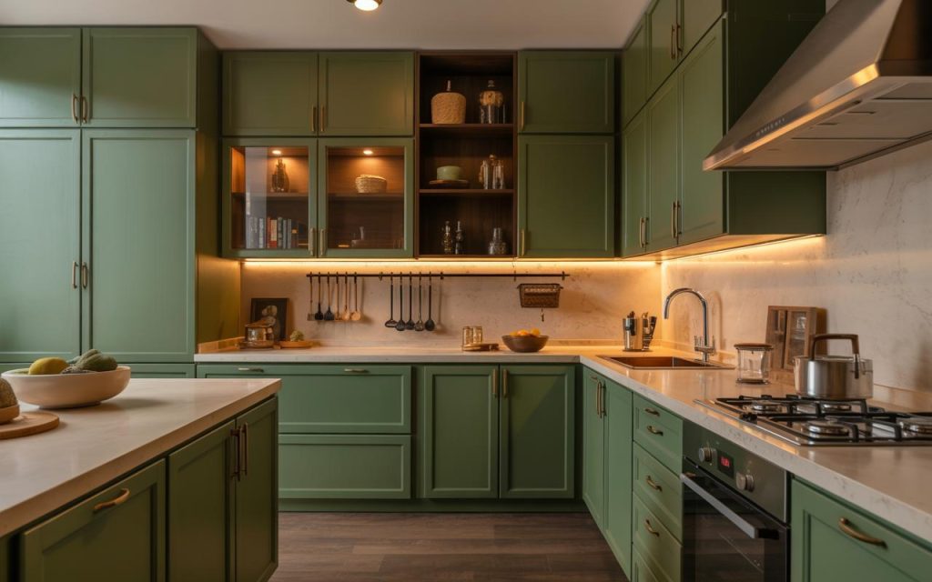 Modern kitchen interior colour combination with green cabinets and warm lighting