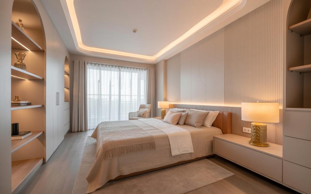 Latest ceiling design for bedroom with cove lighting and minimal false ceiling creating a cozy look