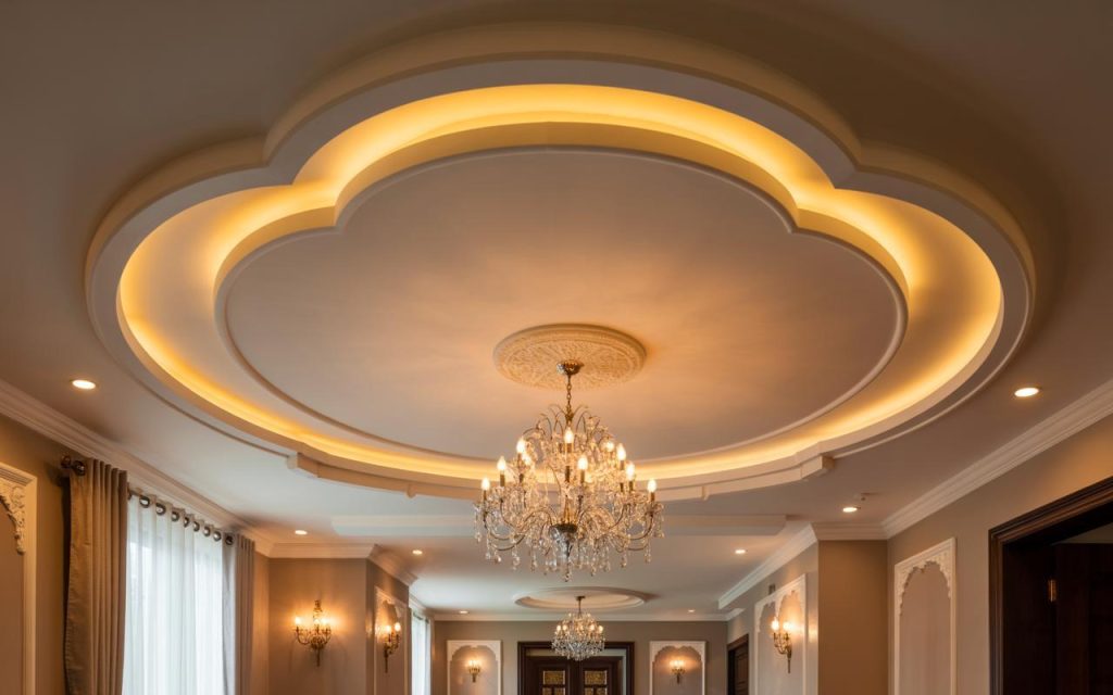 Latest ceiling design for hall with chandelier and layered lighting creating a grand elegant space