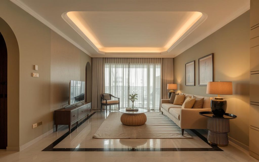 Latest ceiling design for hall with cove lighting and minimal false ceiling for elegant living space