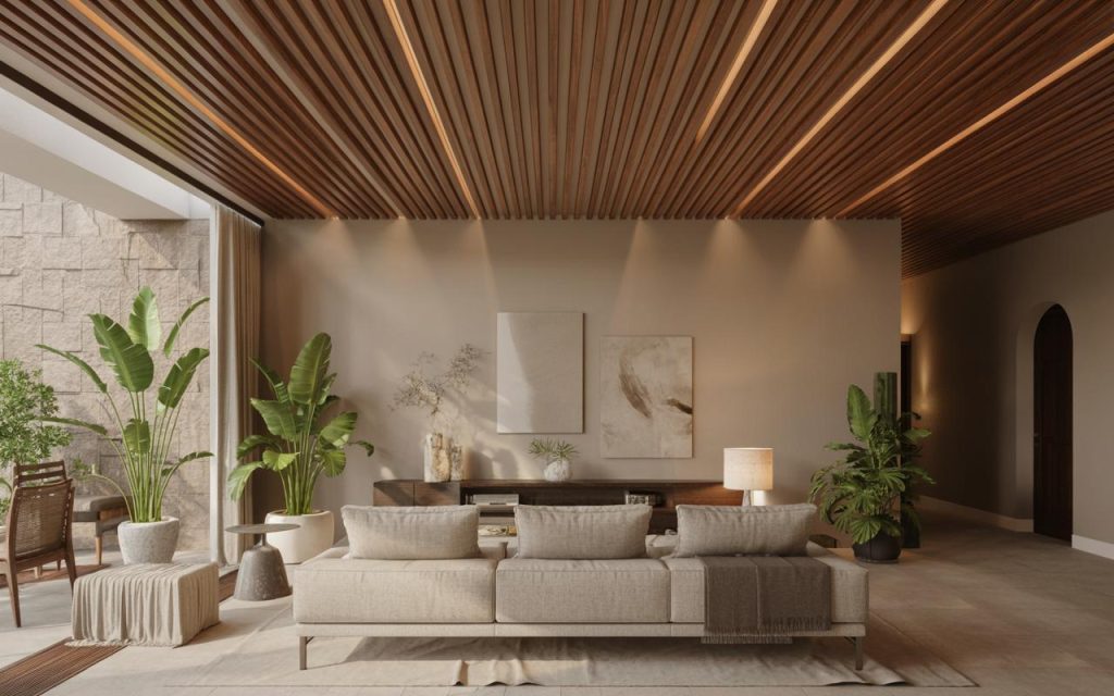 Modern latest ceiling design for living room with wooden slats and warm lighting creating a premium look