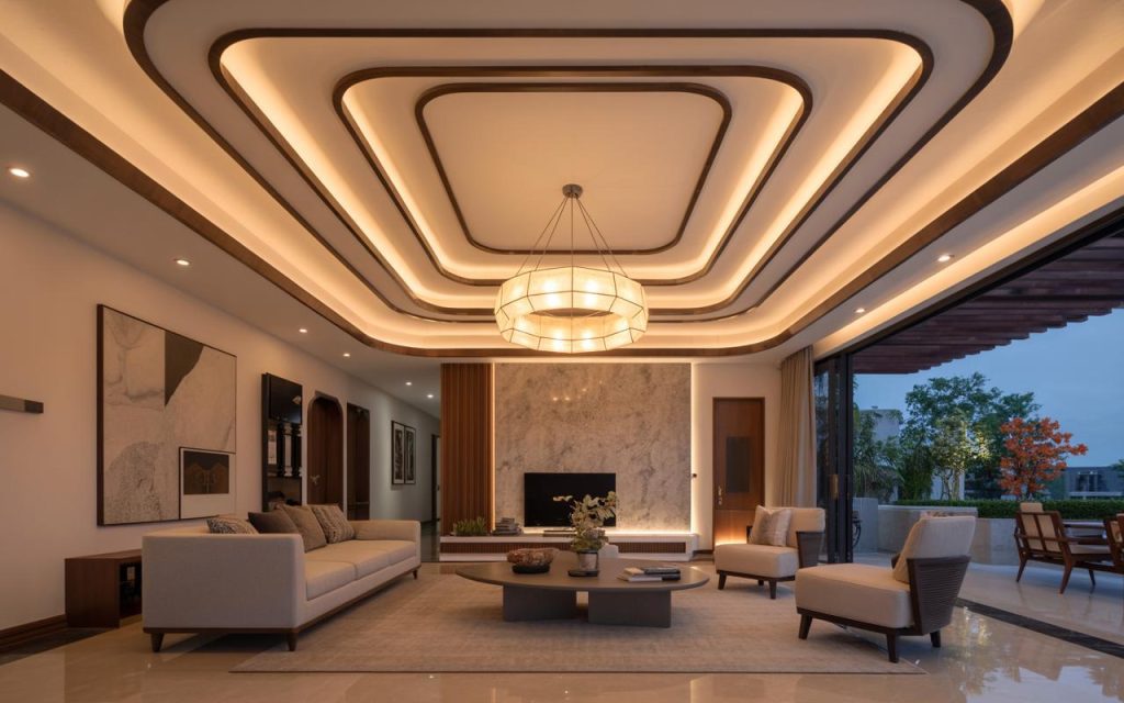 Elegant latest ceiling design for living room with layered lighting and modern false ceiling pattern