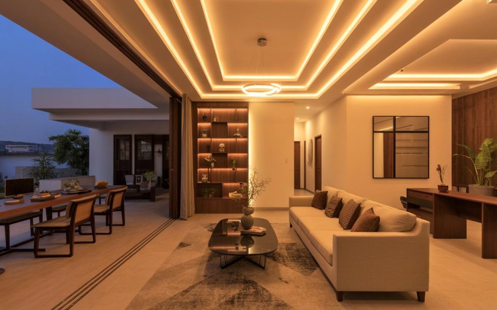 Elegant latest ceiling design for living room with layered lights and warm glow creating a modern luxury vibe