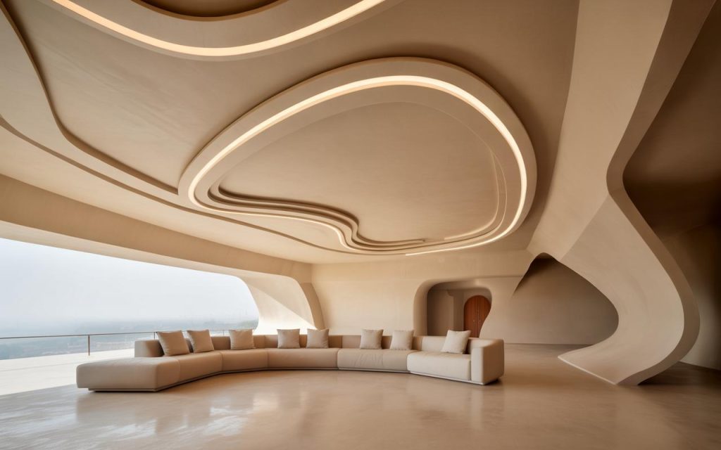Latest ceiling design for living room with curved shapes and soft lighting creating a futuristic space
