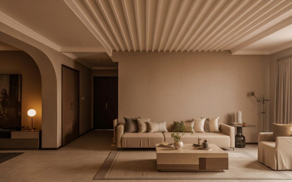 Elegant latest ceiling design for hall with wooden slats and neutral tones creating a modern warm space