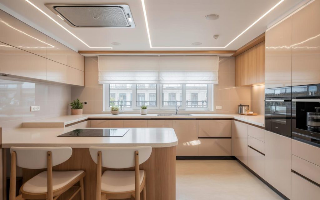 Latest kitchen ceiling design with sleek lighting and clean lines creating a bright stylish space