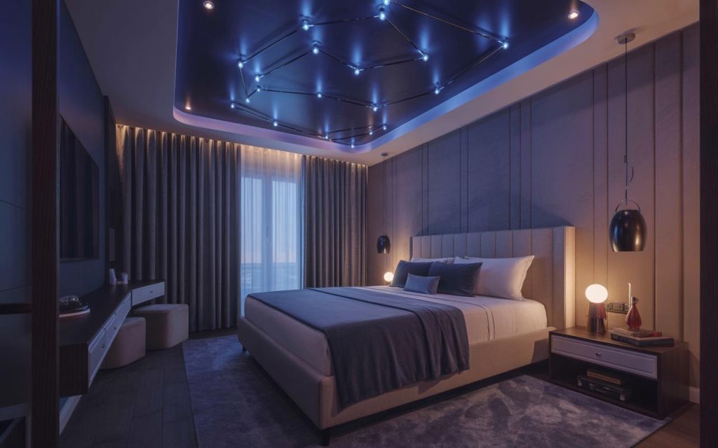 Latest ceiling design for bedroom with LED lighting and modern geometric ceiling pattern