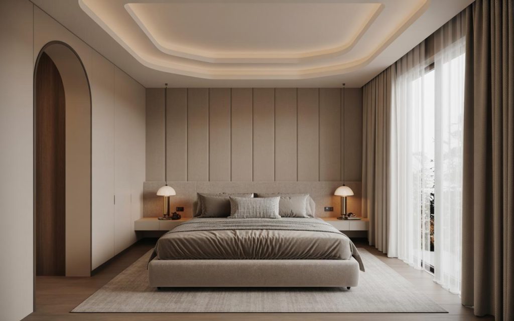 Minimal latest ceiling design for bedroom with soft lighting and neutral tones creating a calm modern retreat